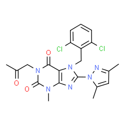 ChemSpider 2D Image | 7-(2,6-Dichlorobenzyl)-8-(3,5-dimethyl-1H-pyrazol-1-yl)-3-methyl-1-(2-oxopropyl)-3,7-dihydro-1H-purine-2,6-dione | C21H20Cl2N6O3