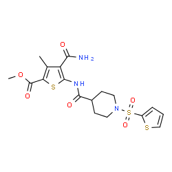 ChemSpider 2D Image | Methyl 4-carbamoyl-3-methyl-5-({[1-(2-thienylsulfonyl)-4-piperidinyl]carbonyl}amino)-2-thiophenecarboxylate | C18H21N3O6S3