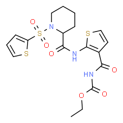 ChemSpider 2D Image | Ethyl {[2-({[1-(2-thienylsulfonyl)-2-piperidinyl]carbonyl}amino)-3-thienyl]carbonyl}carbamate | C18H21N3O6S3