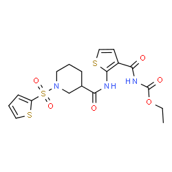 ChemSpider 2D Image | Ethyl {[2-({[1-(2-thienylsulfonyl)-3-piperidinyl]carbonyl}amino)-3-thienyl]carbonyl}carbamate | C18H21N3O6S3