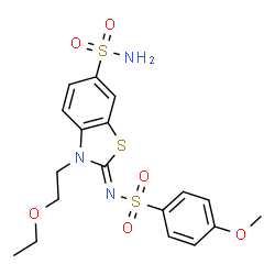 ChemSpider 2D Image | (2Z)-3-(2-Ethoxyethyl)-2-{[(4-methoxyphenyl)sulfonyl]imino}-2,3-dihydro-1,3-benzothiazole-6-sulfonamide | C18H21N3O6S3