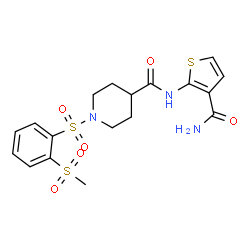 ChemSpider 2D Image | N-(3-Carbamoyl-2-thienyl)-1-{[2-(methylsulfonyl)phenyl]sulfonyl}-4-piperidinecarboxamide | C18H21N3O6S3