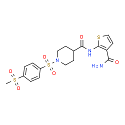 ChemSpider 2D Image | N-(3-Carbamoyl-2-thienyl)-1-{[4-(methylsulfonyl)phenyl]sulfonyl}-4-piperidinecarboxamide | C18H21N3O6S3