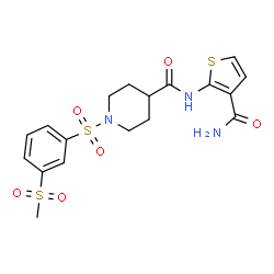 ChemSpider 2D Image | N-(3-Carbamoyl-2-thienyl)-1-{[3-(methylsulfonyl)phenyl]sulfonyl}-4-piperidinecarboxamide | C18H21N3O6S3