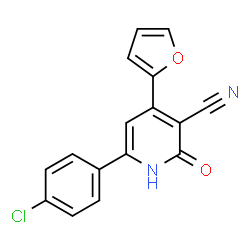 ChemSpider 2D Image | 6-(4-Chlorophenyl)-4-(2-furyl)-2-oxo-1,2-dihydro-3-pyridinecarbonitrile | C16H9ClN2O2