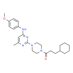 ChemSpider 2D Image | 3-Cyclohexyl-1-(4-{4-[(4-methoxyphenyl)amino]-6-methyl-2-pyrimidinyl}-1-piperazinyl)-1-propanone | C25H35N5O2