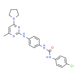 ChemSpider 2D Image | 1-(4-Chlorophenyl)-3-(4-{[4-methyl-6-(1-pyrrolidinyl)-2-pyrimidinyl]amino}phenyl)urea | C22H23ClN6O