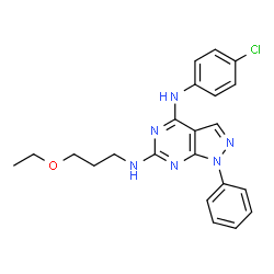 ChemSpider 2D Image | N~4~-(4-Chlorophenyl)-N~6~-(3-ethoxypropyl)-1-phenyl-1H-pyrazolo[3,4-d]pyrimidine-4,6-diamine | C22H23ClN6O
