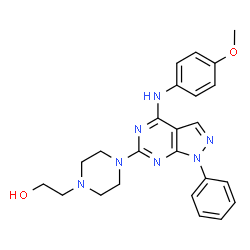 ChemSpider 2D Image | 2-(4-{4-[(4-Methoxyphenyl)amino]-1-phenyl-1H-pyrazolo[3,4-d]pyrimidin-6-yl}-1-piperazinyl)ethanol | C24H27N7O2