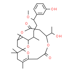 ChemSpider 2D Image | 9-(1-Hydroxyethyl)-3-[5-(3-hydroxyphenyl)-5-methoxy-2-pentanyl]-4,14,16,16-tetramethyl-2,6,10,17-tetraoxatricyclo[11.3.1.1~1,5~]octadec-13-ene-7,11-dione | C32H46O9