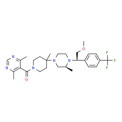 ChemSpider 2D Image | (4,6-Dimethyl-5-pyrimidinyl){4-[(3S)-4-{2-methoxy-1-[4-(trifluoromethyl)phenyl]ethyl}-3-methyl-1-piperazinyl]-4-methyl-1-piperidinyl}methanone | C28H38F3N5O2