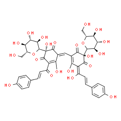 ChemSpider 2D Image | (2R,6E)-6-({(3E,5S)-2,5-Dihydroxy-3-[(2E)-1-hydroxy-3-(4-hydroxyphenyl)-2-propen-1-ylidene]-4,6-dioxo-5-[(3R,4S,5S,6R)-3,4,5-trihydroxy-6-(hydroxymethyl)tetrahydro-2H-pyran-2-yl]-1-cyclohexen-1-yl}met
hylene)-2,5-dihydroxy-4-[(2E)-3-(4-hydroxyphenyl)-2-propenoyl]-2-[(3R,4S,5S,6R)-3,4,5-trihydroxy-6-(hydroxymethyl)tetrahydro-2H-pyran-2-yl]-4-cyclohexene-1,3-dione | C43H42O22