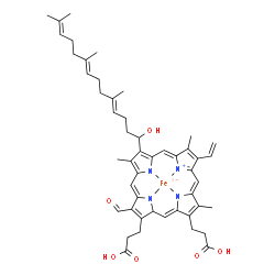 ChemSpider 2D Image | [3,3'-{3-Formyl-8-[(4E,8E)-1-hydroxy-5,9,13-trimethyl-4,8,12-tetradecatrien-1-yl]-7,12,17-trimethyl-13-vinyl-1,24-dihydroporphyrin-2,18-diyl-kappa~4~N~21~,N~22~,N~23~,N~24~}dipropanoato(3-)]ferrate(1-
) | C49H57FeN4O6