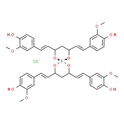 ChemSpider 2D Image | 2,4,8,10-Tetrakis[(E)-2-(4-hydroxy-3-methoxyphenyl)vinyl]-1,5,7,11-tetraoxa-6-boroniaspiro[5.5]undecane chloride | C42H44BClO12