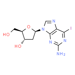 ChemSpider 2D Image | 9-(2-Deoxy-bata-D-erythropentofuranosyl)-6-iodo-9H-purin-2-amine | C10H12IN5O3