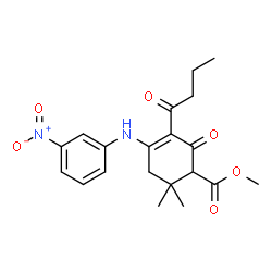 ChemSpider 2D Image | Methyl 3-butyryl-6,6-dimethyl-4-[(3-nitrophenyl)amino]-2-oxo-3-cyclohexene-1-carboxylate | C20H24N2O6