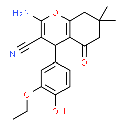 ChemSpider 2D Image | 2-Amino-4-(3-ethoxy-4-hydroxyphenyl)-7,7-dimethyl-5-oxo-5,6,7,8-tetrahydro-4H-chromene-3-carbonitrile | C20H22N2O4