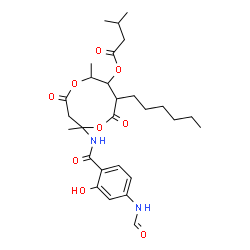 ChemSpider 2D Image | 2-[(4-Formamido-2-hydroxybenzoyl)amino]-8-hexyl-2,6-dimethyl-4,9-dioxo-1,5-dioxonan-7-yl 3-methylbutanoate | C28H40N2O9