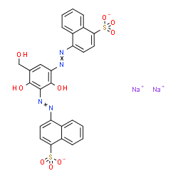 ChemSpider 2D Image | Disodium 4,4'-{[2,4-dihydroxy-5-(hydroxymethyl)-1,3-phenylene]di-2,1-diazenediyl}di(1-naphthalenesulfonate) | C27H18N4Na2O9S2