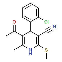 ChemSpider 2D Image | 5-Acetyl-4-(2-chlorophenyl)-6-methyl-2-(methylsulfanyl)-1,4-dihydro-3-pyridinecarbonitrile | C16H15ClN2OS