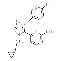 ChemSpider 2D Image | 5-(2-Amino-4-pyrimidinyl)-1-(cyclopropylmethyl)-4-(4-fluorophenyl)-1H-imidazol-3-ium | C17H17FN5