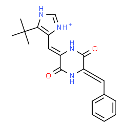 ChemSpider 2D Image | 4-{(Z)-[(5Z)-5-Benzylidene-3,6-dioxo-2-piperazinylidene]methyl}-5-(2-methyl-2-propanyl)-1H-imidazol-3-ium | C19H21N4O2