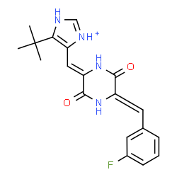 ChemSpider 2D Image | 4-{(Z)-[(5Z)-5-(3-Fluorobenzylidene)-3,6-dioxo-2-piperazinylidene]methyl}-5-(2-methyl-2-propanyl)-1H-imidazol-3-ium | C19H20FN4O2