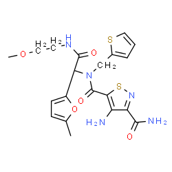 ChemSpider 2D Image | 4-Amino-N~5~-{2-[(2-methoxyethyl)amino]-1-(5-methyl-2-furyl)-2-oxoethyl}-N~5~-(2-thienylmethyl)-1,2-thiazole-3,5-dicarboxamide | C20H23N5O5S2