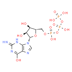 ChemSpider 2D Image | 2-Amino-9-[5-O-(hydroxy{[hydroxy(phosphonooxy)phosphoryl]oxy}phosphoryl)-beta-L-ribofuranosyl]-9H-purin-6-ol | C10H16N5O14P3