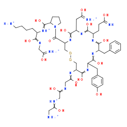 ChemSpider 2D Image | N~5~-[(1-{[10-(3-Amino-3-oxopropyl)-19-[(N-{[(ammonioacetyl)ammonio]acetyl}glycyl)amino]-7-(2-ammonio-2-oxoethyl)-13-benzyl-16-(4-hydroxybenzyl)-6,9,12,15,18-pentaoxo-1,2-dithia-5,8,11,14,17-pentaazac
ycloicosan-4-yl]carbonyl}-2-pyrrolidinyl)carbonyl]-6-[(2-ammonio-2-oxoethyl)amino]-6-oxo-1,5-hexanediaminium | C52H80N16O15S2