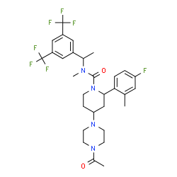 ChemSpider 2D Image | 4-(4-Acetyl-1-piperazinyl)-N-{1-[3,5-bis(trifluoromethyl)phenyl]ethyl}-2-(4-fluoro-2-methylphenyl)-N-methyl-1-piperidinecarboxamide | C30H35F7N4O2