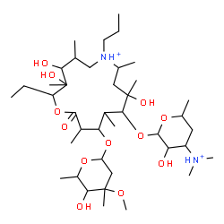ChemSpider 2D Image | 2-Ethyl-3,4,10-trihydroxy-3,5,8,10,12,14-hexamethyl-15-oxo-7-propyl-11-{[3,4,6-trideoxy-3-(dimethylammonio)hexopyranosyl]oxy}-1-oxa-7-azoniacyclopentadecan-13-yl 2,6-dideoxy-3-C-methyl-3-O-methylhexop
yranoside | C40H78N2O12