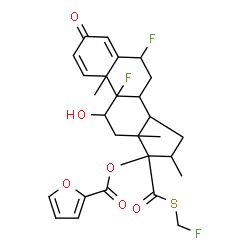 ChemSpider 2D Image | 6,9-Difluoro-17-{[(fluoromethyl)sulfanyl]carbonyl}-11-hydroxy-16-methyl-3-oxoandrosta-1,4-dien-17-yl 2-furoate | C27H29F3O6S