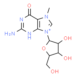 ChemSpider 2D Image | 2-Amino-7-methyl-6-oxo-9-pentofuranosyl-6,7-dihydro-1H-purin-9-ium | C11H16N5O5