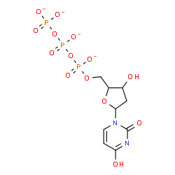 ChemSpider 2D Image | 1-[2-Deoxy-5-O-({[(phosphonatooxy)phosphinato]oxy}phosphinato)pentofuranosyl]-2,4(1H,3H)-pyrimidinedione | C9H11N2O14P3