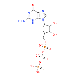 ChemSpider 2D Image | 2-Amino-9-[5-O-({[(thiophosphonooxy)phosphinato]oxy}phosphinato)pentofuranosyl]-1,9-dihydro-6H-purin-6-one | C10H14N5O13P3S