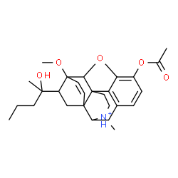 ChemSpider 2D Image | 18-(2-Hydroxy-2-pentanyl)-6-methoxy-17-methyl-7,8-didehydro-18,19-dihydro-4,5-epoxy-6,14-ethenomorphinan-17-ium-3-yl acetate | C27H36NO5