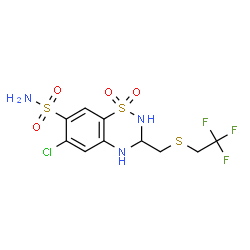 ChemSpider 2D Image | 6-Chloro-3-{[(2,2,2-trifluoroethyl)sulfanyl]methyl}-3,4-dihydro-2H-1,2,4-benzothiadiazine-7-sulfonamide 1,1-dioxide | C10H11ClF3N3O4S3