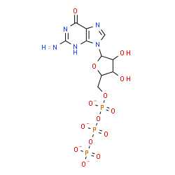 ChemSpider 2D Image | 2-Amino-9-[5-O-({[(phosphonatooxy)phosphinato]oxy}phosphinato)pentofuranosyl]-1,9-dihydro-6H-purin-6-one | C10H12N5O14P3
