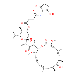 ChemSpider 2D Image | (5R)-2,4-Dideoxy-1-C-{(2S,3R,4S)-3-hydroxy-4-[(3S,4Z,6Z,9S,10S,11R,12Z,14E)-10-hydroxy-3,15-dimethoxy-7,9,11,13-tetramethyl-16-oxooxacyclohexadeca-4,6,12,14-tetraen-2-yl]-2-pentanyl}-3-O-{(2E)-4-[(2-h
ydroxy-5-oxo-1-cyclopenten-1-yl)amino]-4-oxo-2-butenoyl}-5-isopropyl-4-methyl-alpha-D-threo-pentopyranose | C44H65NO13