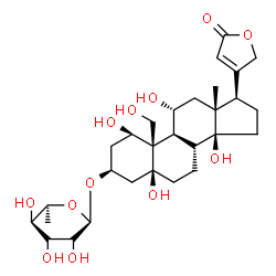 ChemSpider 2D Image | (1beta,3beta,5beta,11alpha)-3-[(6-Deoxy-alpha-L-mannopyranosyl)oxy]-1,5,11,14,19-pentahydroxycard-20(22)-enolide | C29H44O12