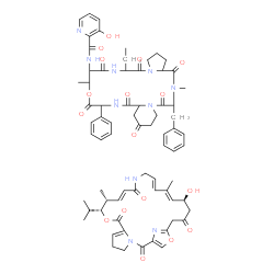 ChemSpider 2D Image | N-(22-Benzyl-6-ethyl-10,23-dimethyl-5,8,12,15,17,21,24-heptaoxo-13-phenyldocosahydro-12H-pyrido[2,1-f]pyrrolo[2,1-l][1,4,7,10,13,16]oxapentaazacyclononadecin-9-yl)-3-hydroxy-2-pyridinecarboxamide - (1
0R,11R,12E,17E,19E,21S)-21-hydroxy-10-isopropyl-11,19-dimethyl-9,26-dioxa-3,15,28-triazatricyclo[23.2.1.0~3,7~]octacosa-1(27),6,12,17,19,25(28)-hexaene-2,8,14,23-tetrone (1:1) | C71H84N10O17