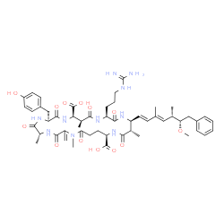 ChemSpider 2D Image | (5R,8S,11R,12S,15S,18S,19S,22R)-15-(3-Carbamimidamidopropyl)-8-(4-hydroxybenzyl)-18-[(1E,3E,5S,6S)-6-methoxy-3,5-dimethyl-7-phenyl-1,3-heptadien-1-yl]-1,5,12,19-tetramethyl-2-methylene-3,6,9,13,16,20,
25-heptaoxo-1,4,7,10,14,17,21-heptaazacyclopentacosane-11,22-dicarboxylic acid | C52H72N10O13