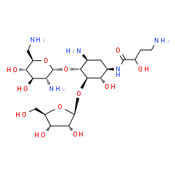 ChemSpider 2D Image | 4-Amino-N-{(1R,2S,3R,4R,5S)-5-amino-4-[(2,6-diamino-2,6-dideoxy-alpha-D-glucopyranosyl)oxy]-2-hydroxy-3-[(3xi)-beta-D-erythro-pentofuranosyloxy]cyclohexyl}-2-hydroxybutanamide | C21H41N5O12