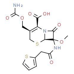 ChemSpider 2D Image | (6R)-3-[(Carbamoyloxy)methyl]-7-methoxy-8-oxo-7-[(2-thienylacetyl)amino]-5-thia-1-azabicyclo[4.2.0]oct-2-ene-2-carboxylic acid | C16H17N3O7S2