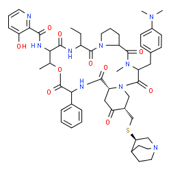 ChemSpider 2D Image | N-{(15aR,18S)-18-{[(3R)-1-Azabicyclo[2.2.2]oct-3-ylsulfanyl]methyl}-22-[4-(dimethylamino)benzyl]-6-ethyl-10,23-dimethyl-5,8,12,15,17,21,24-heptaoxo-13-phenyldocosahydro-12H-pyrido[2,1-f]pyrrolo[2,1-l]
[1,4,7,10,13,16]oxapentaazacyclononadecin-9-yl}-3-hydroxy-2-pyridinecarboxamide | C53H67N9O10S