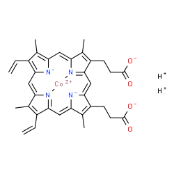 ChemSpider 2D Image | Dihydrogen [3,3'-(3,7,12,17-tetramethyl-8,13-divinyl-2,18-porphyrindiyl-kappa~2~N~21~,N~23~)dipropanoato(4-)]cobaltate(2-) | C34H30CoN4O4