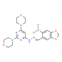 ChemSpider 2D Image | 4,4'-(6-{(2E)-2-[(6-Nitro-1,3-benzodioxol-5-yl)methylene]hydrazino}-2,4-pyrimidinediyl)dimorpholine | C20H23N7O6