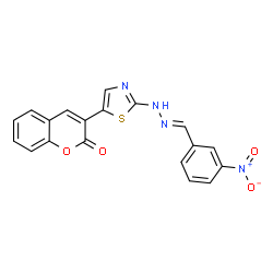 ChemSpider 2D Image | 3-{2-[(2E)-2-(3-Nitrobenzylidene)hydrazino]-1,3-thiazol-5-yl}-2H-chromen-2-one | C19H12N4O4S