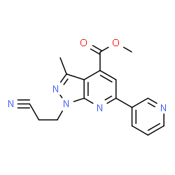 ChemSpider 2D Image | Methyl 1-(2-cyanoethyl)-3-methyl-6-(3-pyridinyl)-1H-pyrazolo[3,4-b]pyridine-4-carboxylate | C17H15N5O2